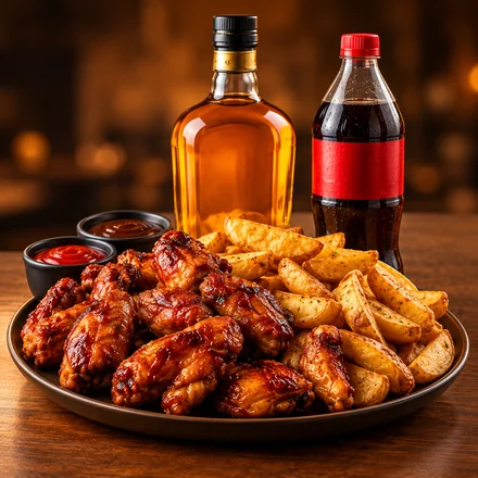Alitas y papas rústicas con una botella de licor y gaseosa