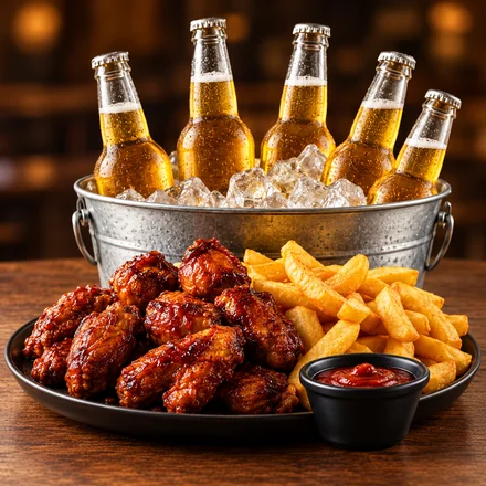 Alitas con papas y cervezas bien frías