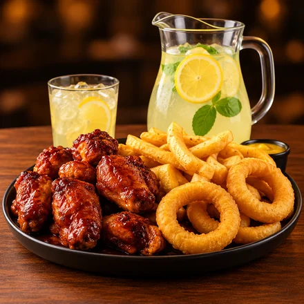 Alitas, papas y aros de cebolla con limonada sin alcohol